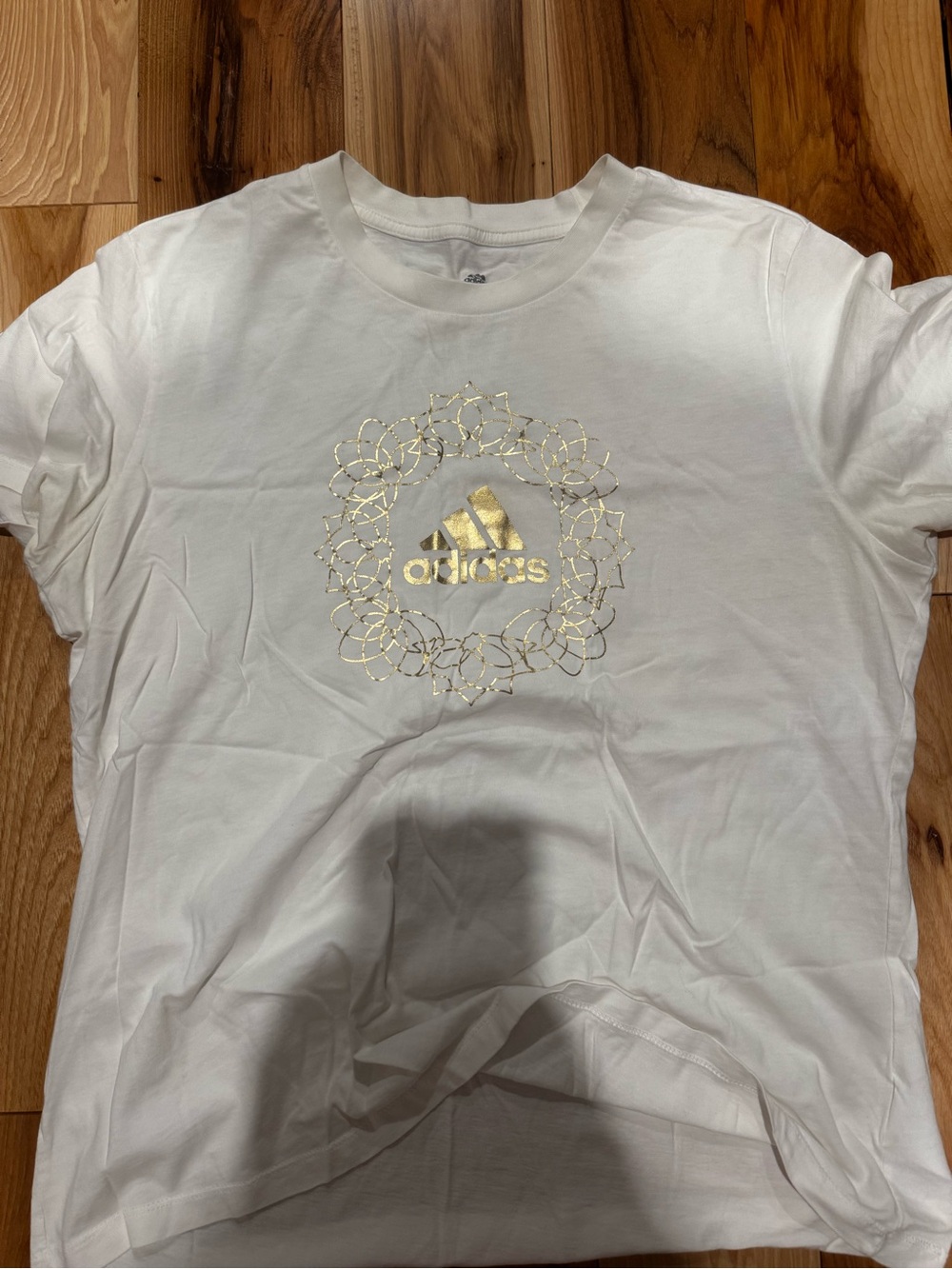 adidas White Tee with Gold Metallic Accent